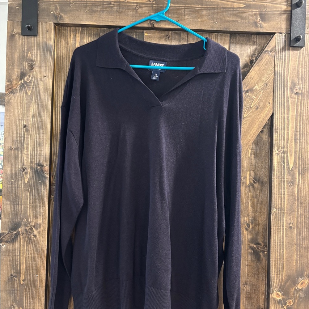 Lands' End Navy V-Neck Sweater Lightweight Knit